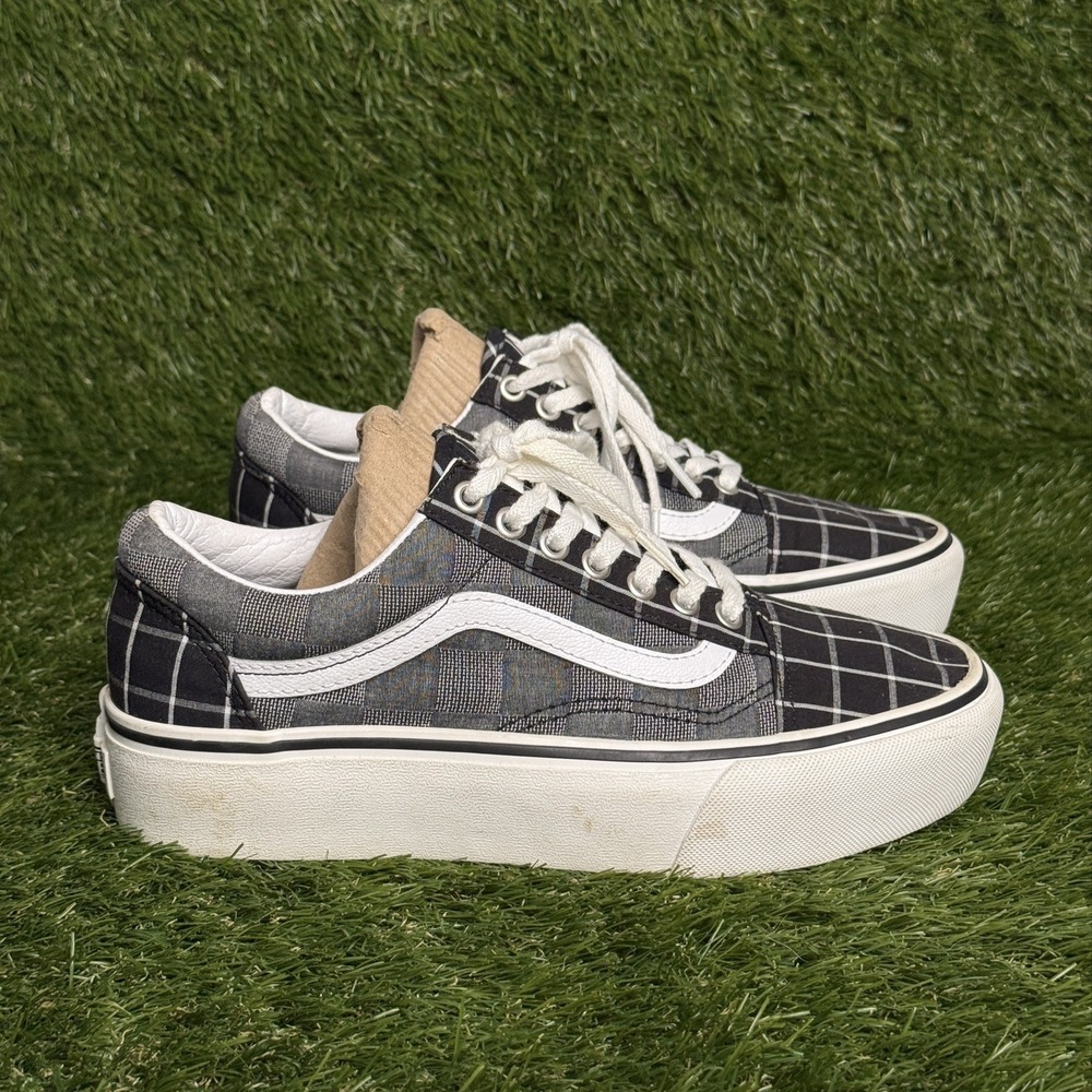 Vans Old Skool Platform Womens Size 8.5 Black White Plaid Skate Shoes Sneakers